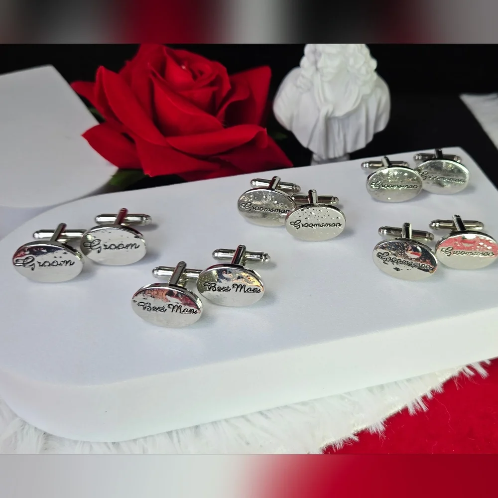 Bridal Wedding Party Cufflinks Set Groom Best Man Groomsmen Silver Oval Formal